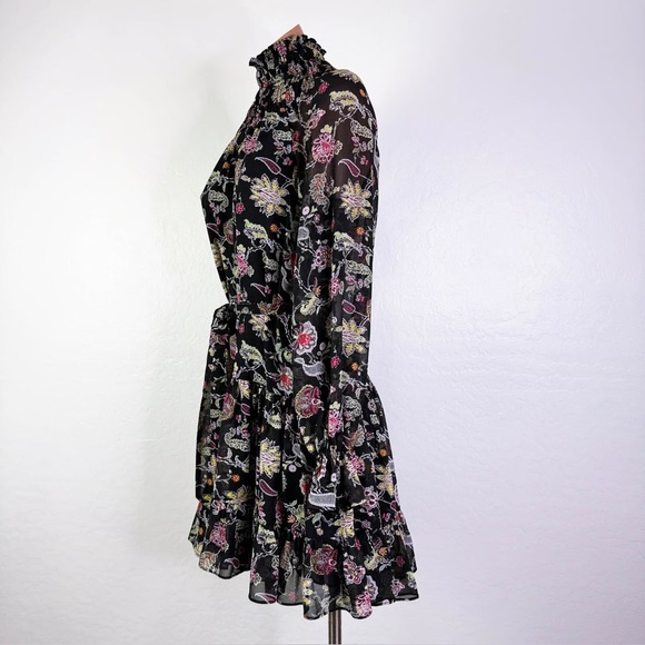 CINQ A SEPT | Black Floral Ruffle Smocked Dress, Size 4, - Picture 5 of 15